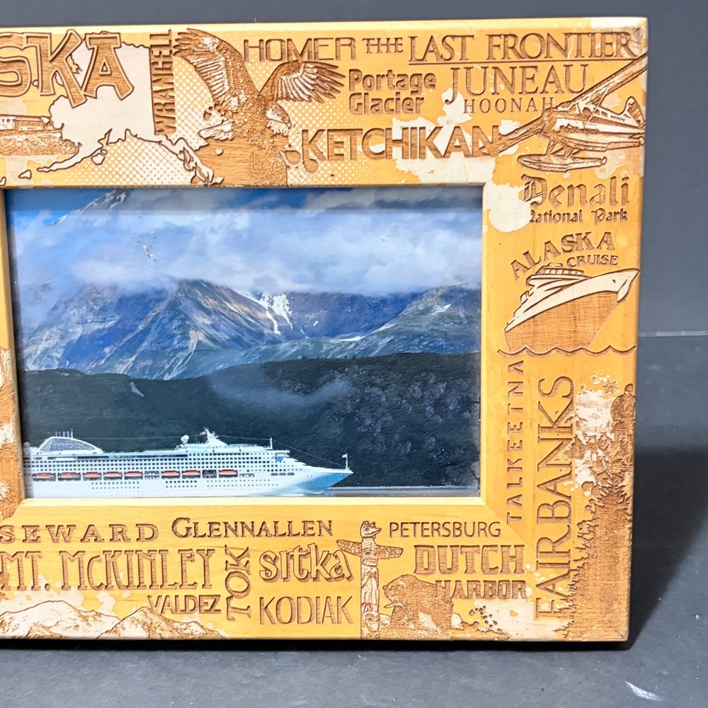 Alaska Laser Engraved Wood Picture Frame 4.5x3 Fit Travel Souvenir Moose Eagle - Picture 5 of 14